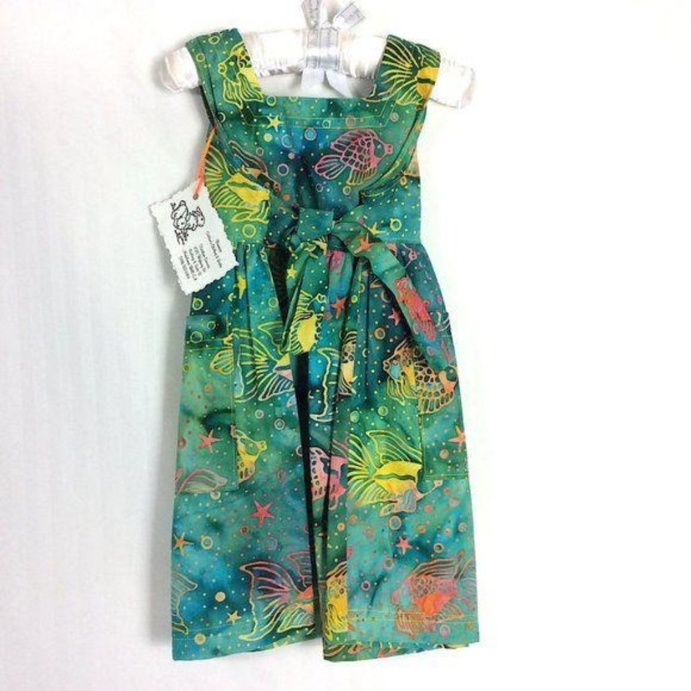 4/$25 Handmade Girl Apron Ocean Life Dress Cottage Core Fish Waist Tie Pocket - Picture 2 of 6